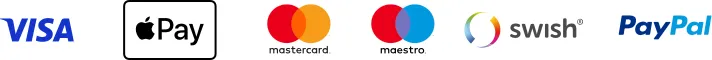 Vi tar betalt med Visa, Apple Pay, Mastercard, Maestro, Swish och PayPal